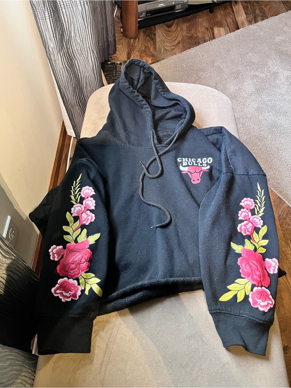 NBA Chicago Bulls Black Crop Hoodie Sweater with Pink Floral Sleeves
